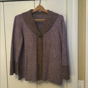 Plum, lavender & soft gold one button shawl collar sweater.